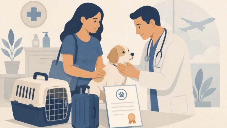 Persona y veterinario preparan un perro con transportadora y certificado sanitario para un viaje internacional.
