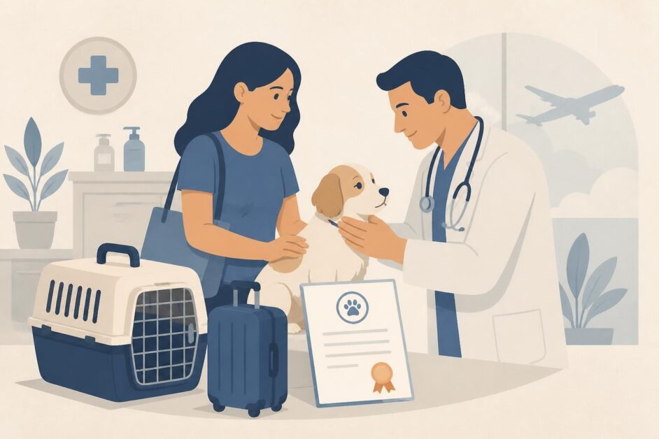 Persona y veterinario preparan un perro con transportadora y certificado sanitario para un viaje internacional.