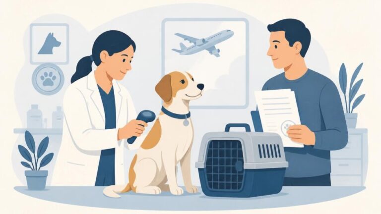Veterinaria revisa un perro con microchip mientras su propietario prepara documentos junto a una transportadora de viaje.