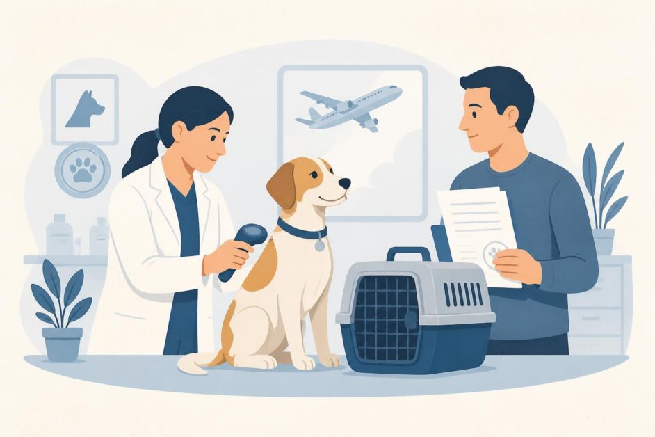 Veterinaria revisa un perro con microchip mientras su propietario prepara documentos junto a una transportadora de viaje.