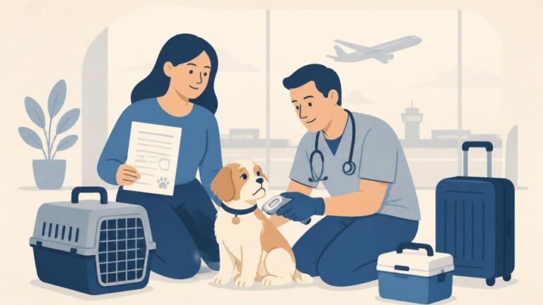 Persona con un perro, veterinario, transportín y documentos antes de un viaje en avión.