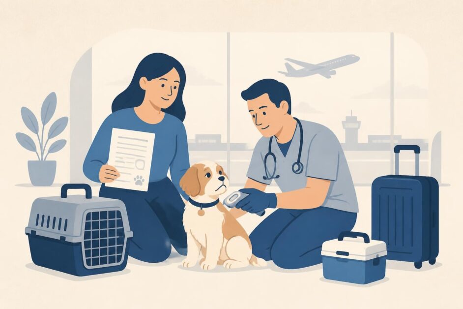 Persona con un perro, veterinario, transportín y documentos antes de un viaje en avión.