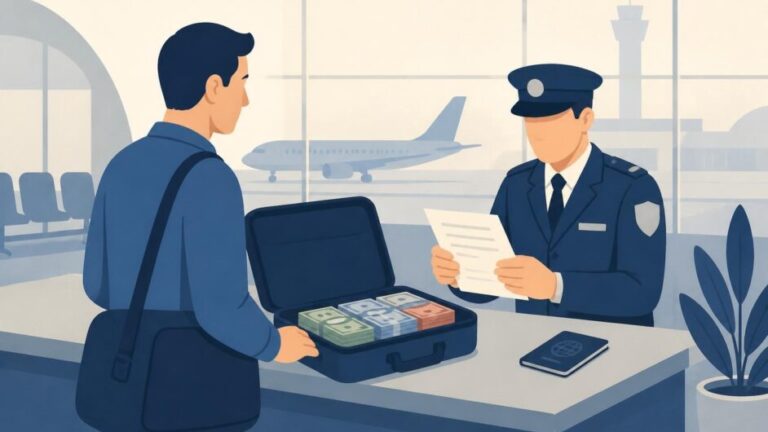 Viajero entrega documentos y dinero en efectivo a un funcionario en un control aduanero aeroportuario.