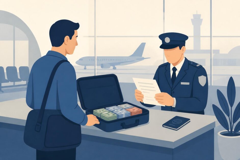 Viajero entrega documentos y dinero en efectivo a un funcionario en un control aduanero aeroportuario.