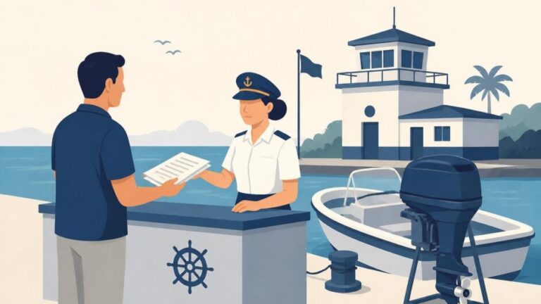 Persona presenta documentos en una capitanía de puerto junto a una embarcación y un motor marino.