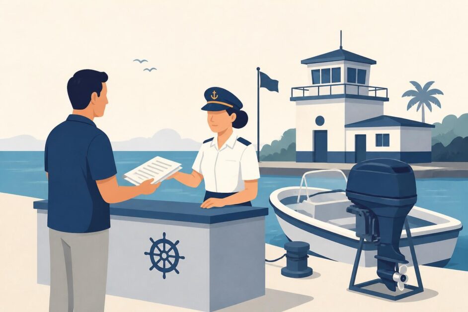 Persona presenta documentos en una capitanía de puerto junto a una embarcación y un motor marino.