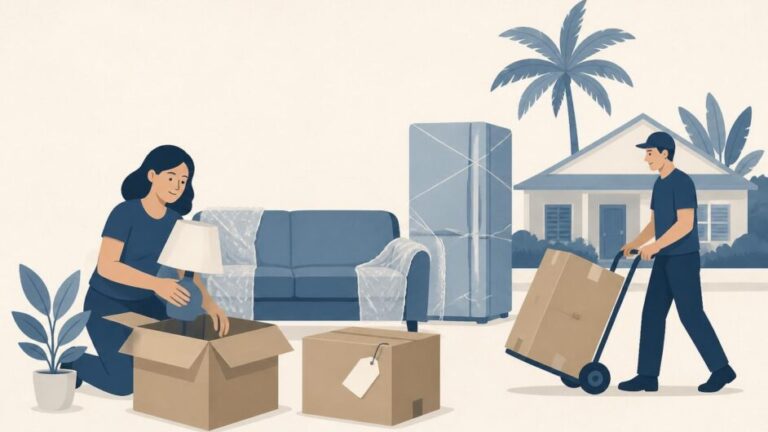 Persona y trabajador preparan cajas con muebles y electrodomésticos para un envío doméstico.