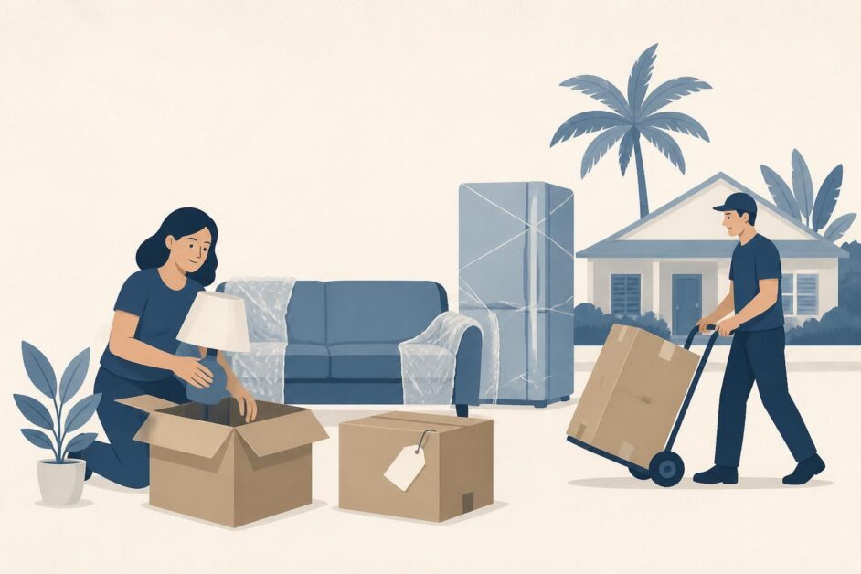 Persona y trabajador preparan cajas con muebles y electrodomésticos para un envío doméstico.