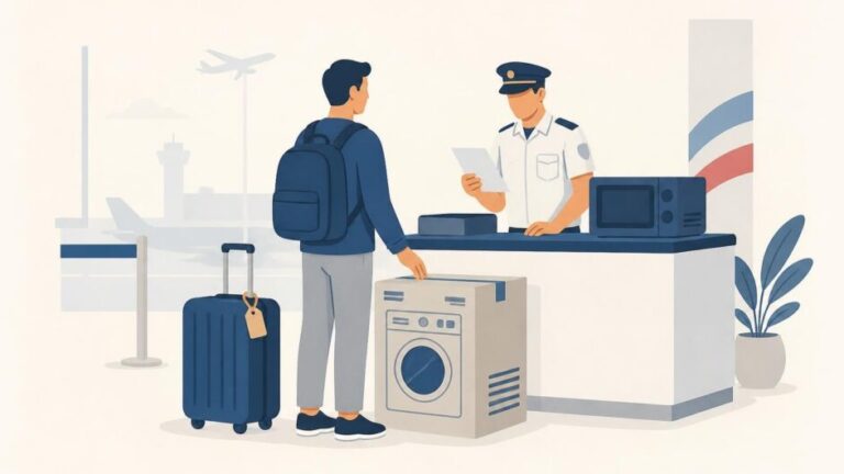 Viajero con una caja de electrodoméstico y maleta ante un mostrador de aduana aeroportuaria.