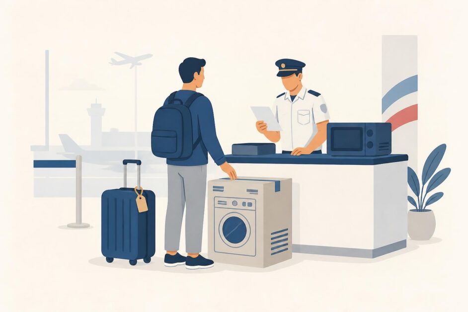 Viajero con una caja de electrodoméstico y maleta ante un mostrador de aduana aeroportuaria.