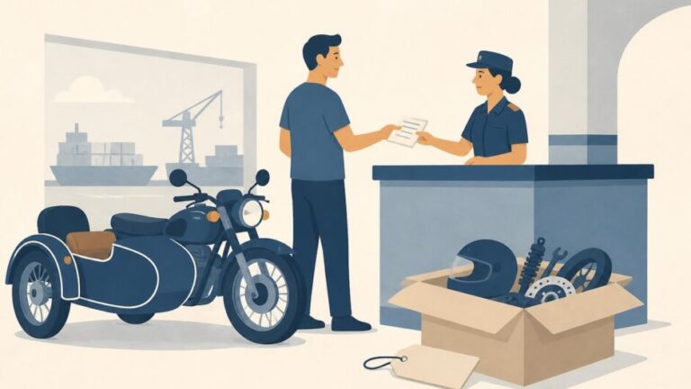 Persona presenta una factura en Aduana junto a una motocicleta, un casco y una caja de repuestos.
