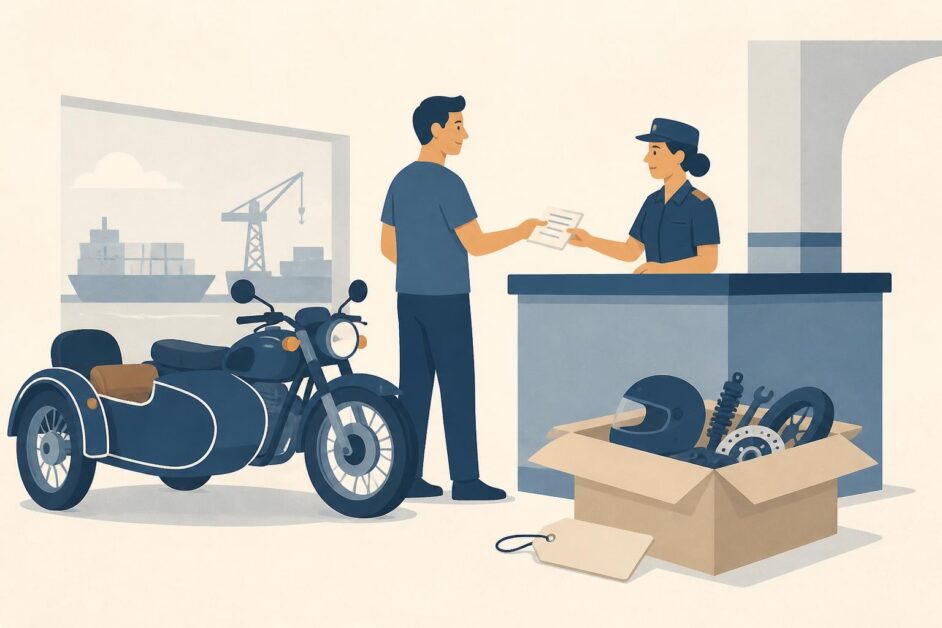 Persona presenta una factura en Aduana junto a una motocicleta, un casco y una caja de repuestos.