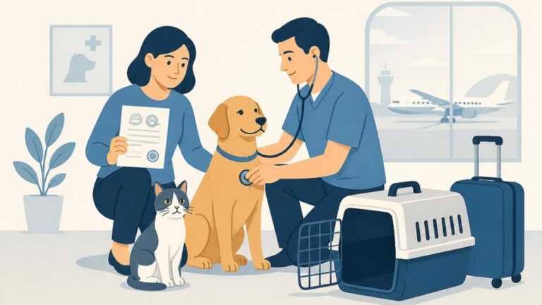 Persona con un perro y un gato mientras un veterinario realiza una revisión antes de un viaje en avión.