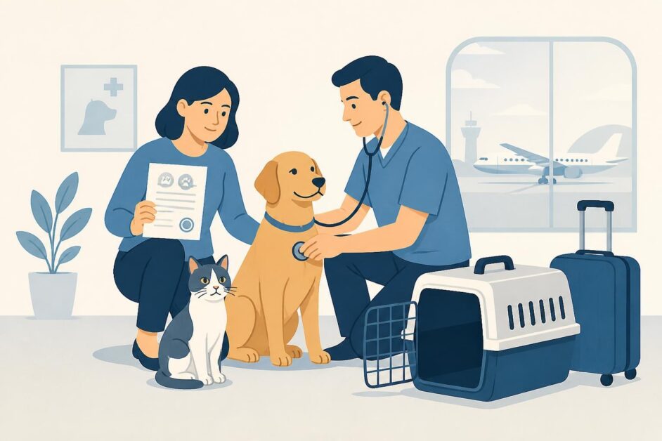Persona con un perro y un gato mientras un veterinario realiza una revisión antes de un viaje en avión.