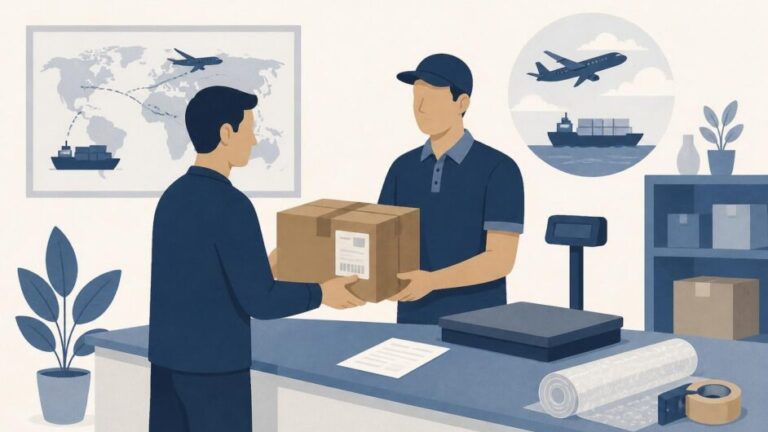 Persona entrega una caja embalada en una oficina de paquetería, con referencias a transporte aéreo y marítimo.