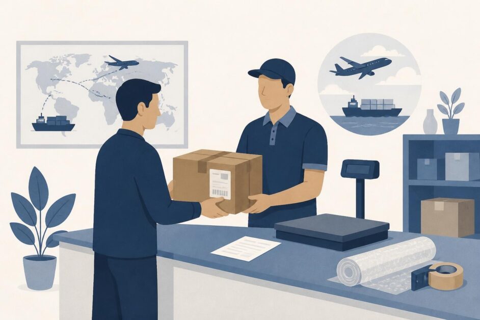 Persona entrega una caja embalada en una oficina de paquetería, con referencias a transporte aéreo y marítimo.