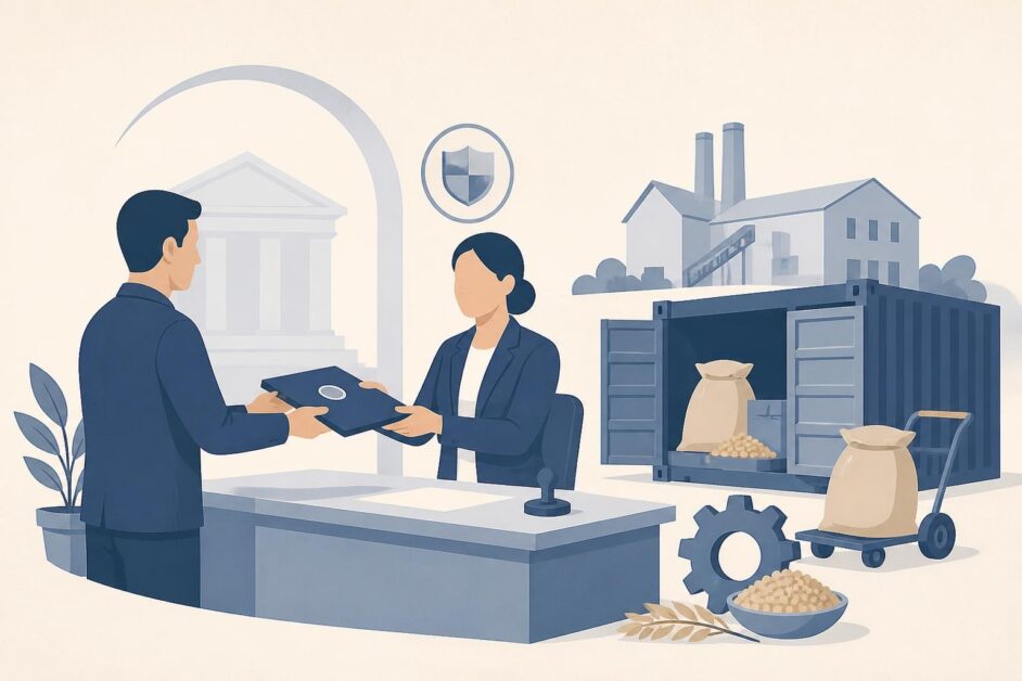 Representante empresarial entrega documentos para importar materias primas destinadas a una planta productiva.