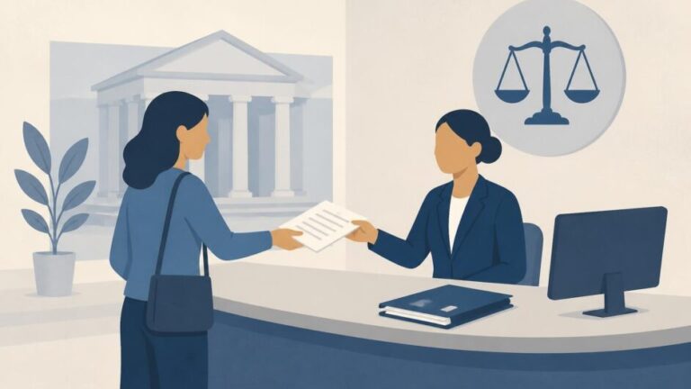 Persona entrega documentos a un funcionario en una oficina de atención judicial.