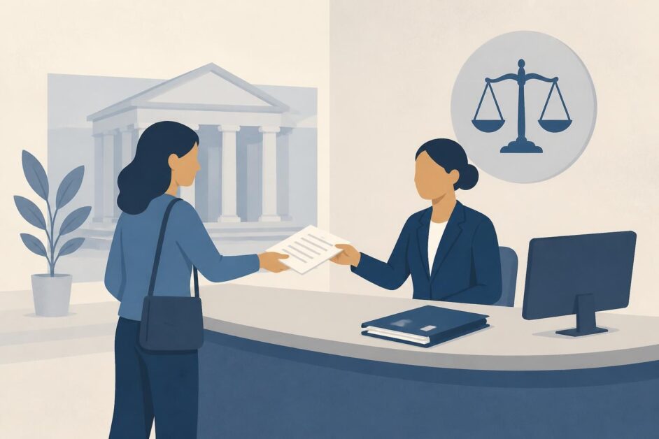 Persona entrega documentos a un funcionario en una oficina de atención judicial.