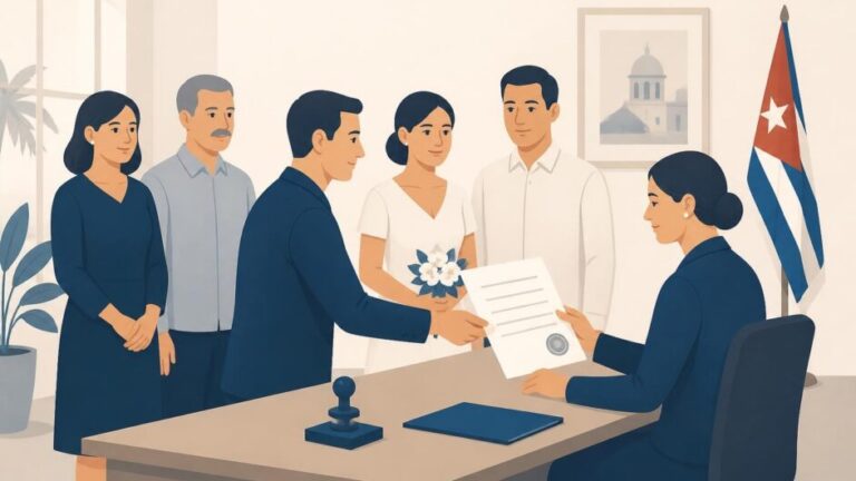 Ceremonia notarial de matrimonio con un apoderado, una pareja y dos testigos.