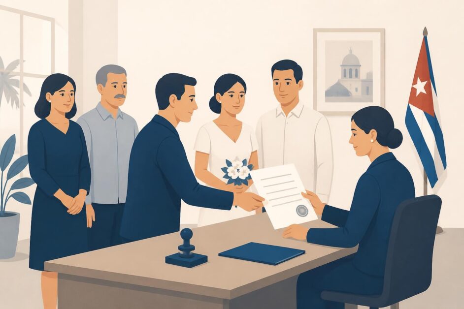 Ceremonia notarial de matrimonio con un apoderado, una pareja y dos testigos.