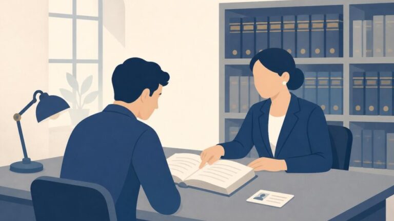 Persona consulta un tomo legal en una biblioteca mientras una jurista le orienta.