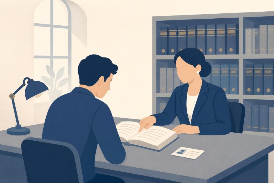 Persona consulta un tomo legal en una biblioteca mientras una jurista le orienta.