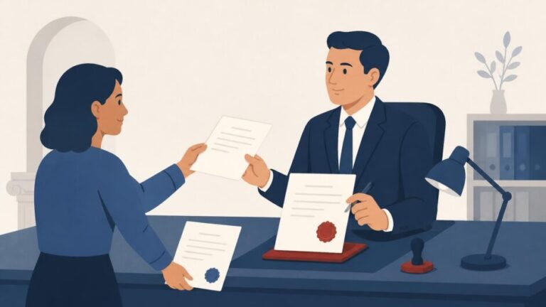 Persona recibe su documento original mientras un notario entrega una copia transcrita y sellada.
