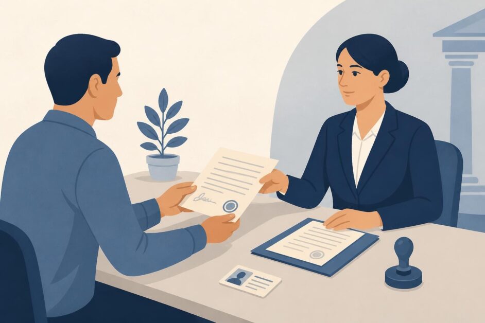 Persona entrega una escritura corregida a un notario en una oficina.