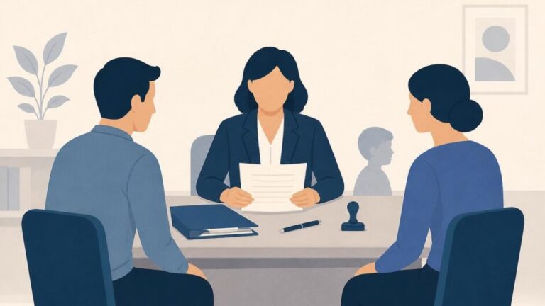 Dos excónyuges acuerdan cambios familiares con una notaria en una oficina.