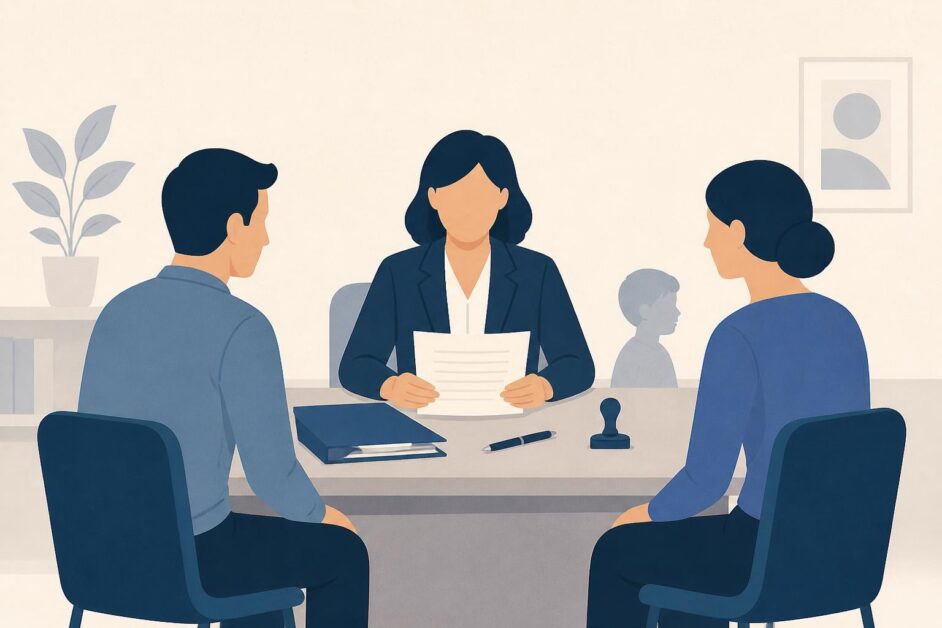 Dos excónyuges acuerdan cambios familiares con una notaria en una oficina.