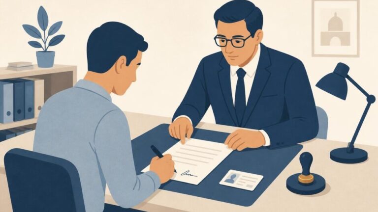 Persona firma un documento ante un notario en una oficina.