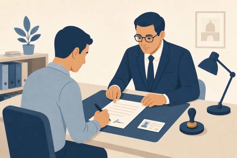 Persona firma un documento ante un notario en una oficina.