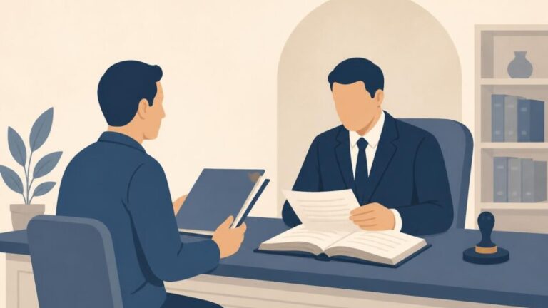 Representante entrega un libro y documentos a un notario en un escritorio.