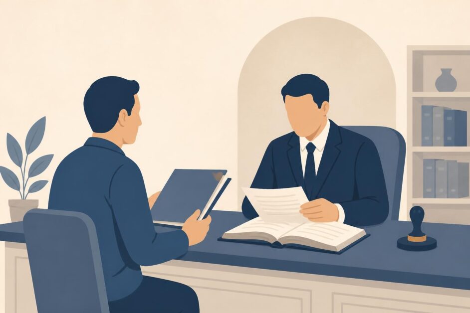 Representante entrega un libro y documentos a un notario en un escritorio.