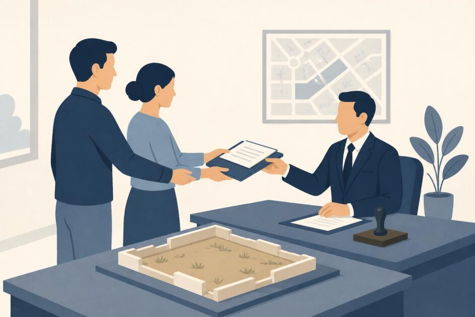 Dos personas formalizan la donación de un terreno ante un notario, con documentos y una maqueta de solar.