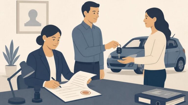 Dos personas entregan las llaves de un automóvil ante una notaria que revisa una escritura.