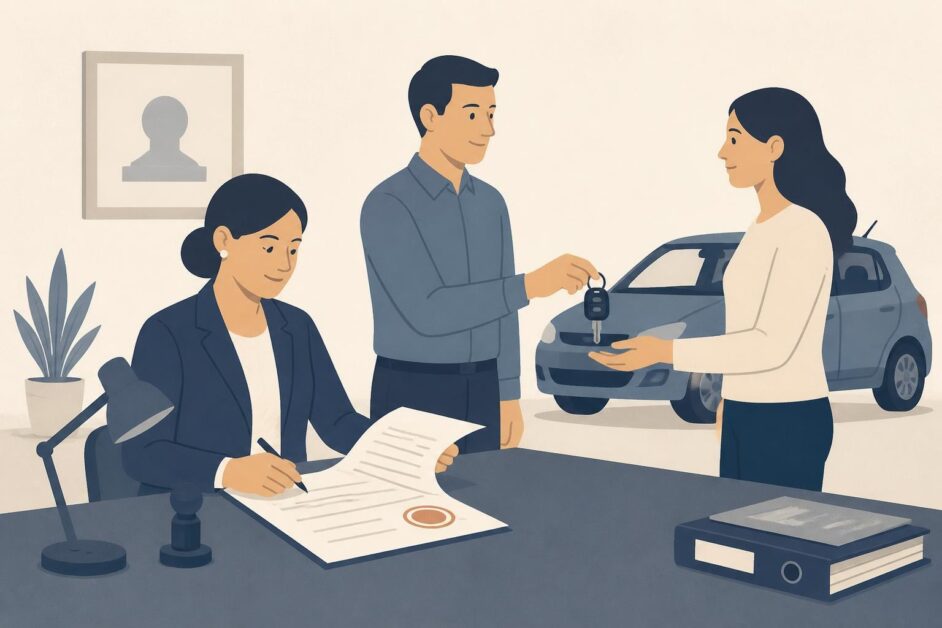 Dos personas entregan las llaves de un automóvil ante una notaria que revisa una escritura.