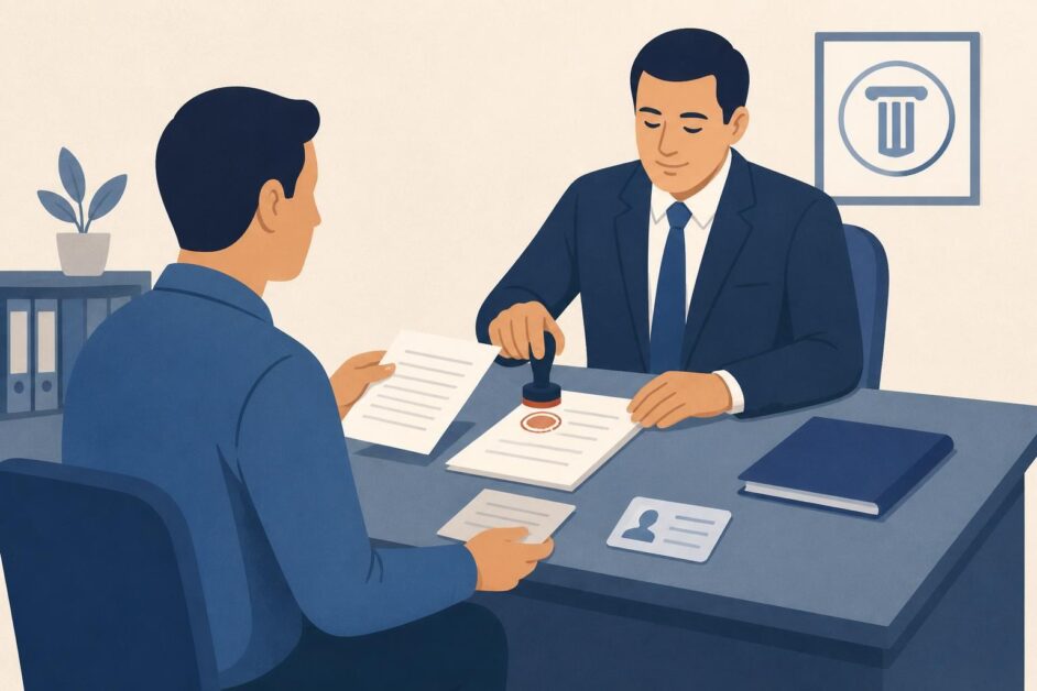 Persona entrega un original y una fotocopia a un notario que sella la copia en una oficina.