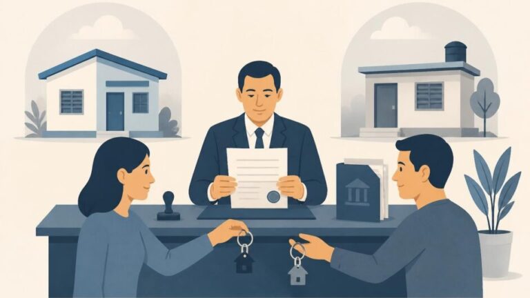 Dos personas formalizan ante notario la permuta de viviendas con documentos, llaves y una carpeta estatal.
