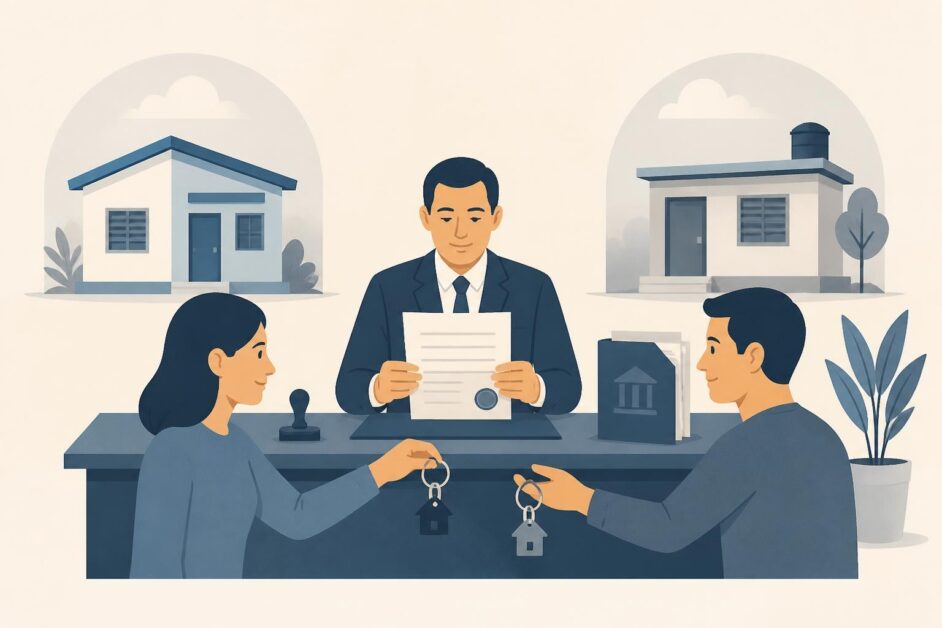 Dos personas formalizan ante notario la permuta de viviendas con documentos, llaves y una carpeta estatal.