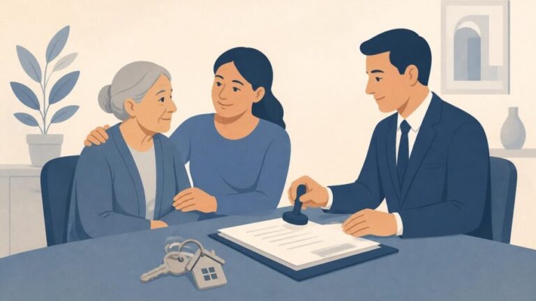 Persona mayor y cuidadora formalizan ante notario un acuerdo de cuidados a cambio de bienes.