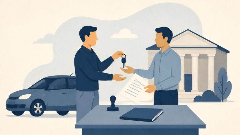 Dos personas formalizan la venta de un automóvil ante una mesa notarial.