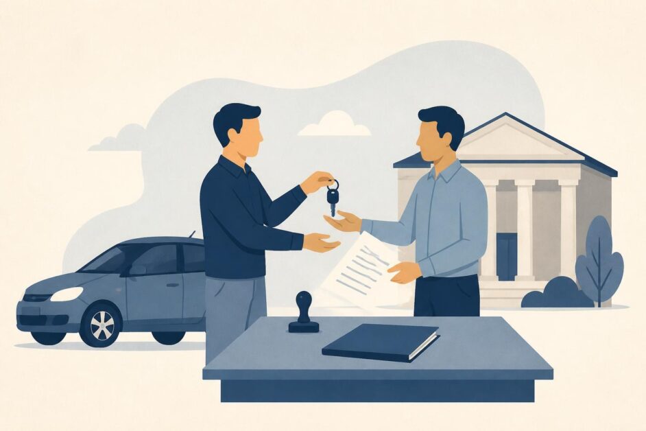 Dos personas formalizan la venta de un automóvil ante una mesa notarial.