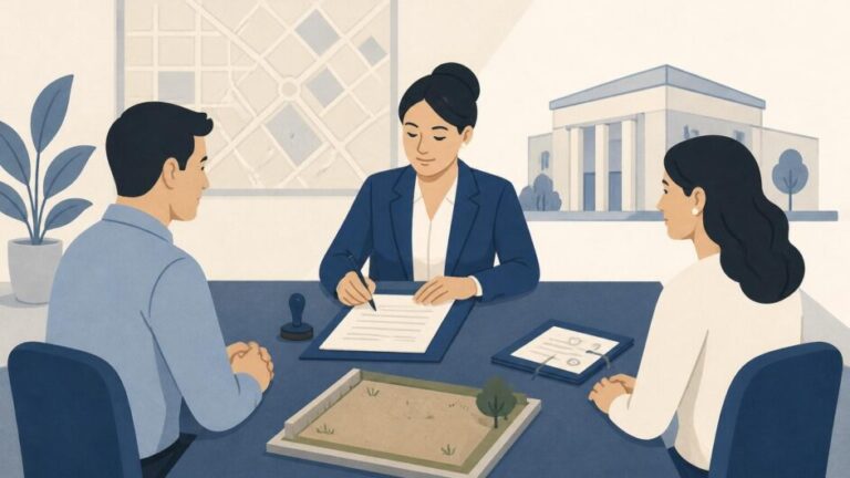 Dos personas formalizan ante una notaria la venta de un terreno vacío con documentos sobre la mesa.
