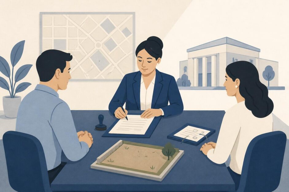 Dos personas formalizan ante una notaria la venta de un terreno vacío con documentos sobre la mesa.