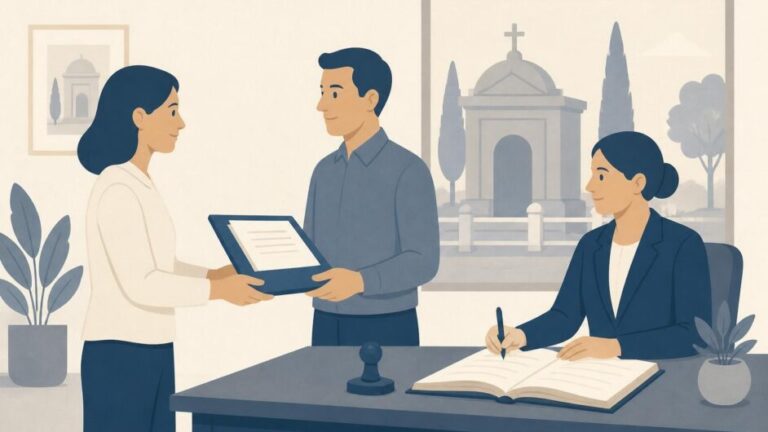 Dos personas formalizan ante una notaria la venta de una bóveda, con un mausoleo al fondo.