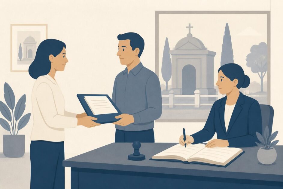Dos personas formalizan ante una notaria la venta de una bóveda, con un mausoleo al fondo.