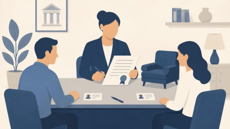 Notaria revisa un contrato mientras comprador y vendedor presentan sus documentos junto a un bien mueble.