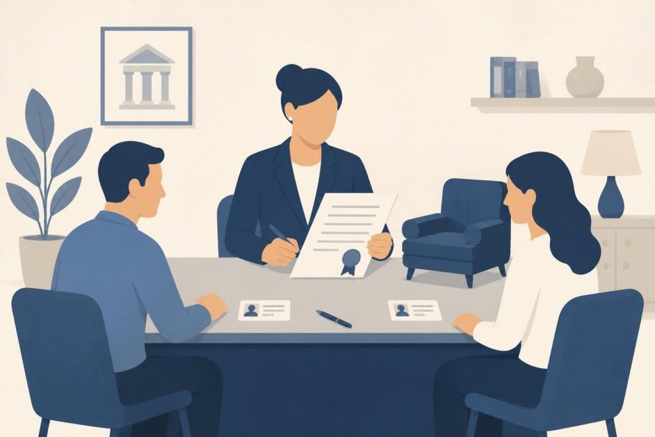 Notaria revisa un contrato mientras comprador y vendedor presentan sus documentos junto a un bien mueble.